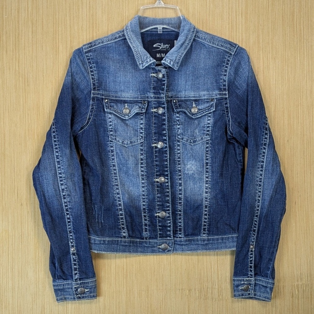 Silver Jeans Co Womens Denim Jacket Medium Wash Trucker Blue Medium Y2K Western - Picture 2 of 8
